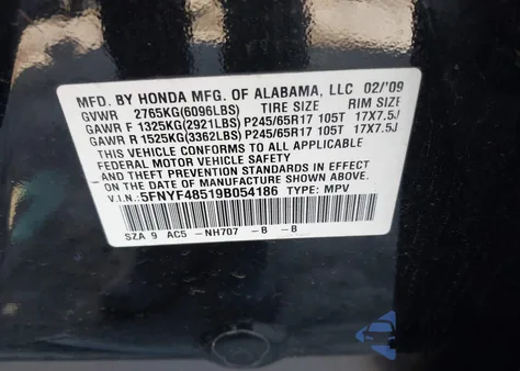 2009 Honda Pilot Ex-L z USA, uszkodzony, nr VIN 5FNYF48519B054186